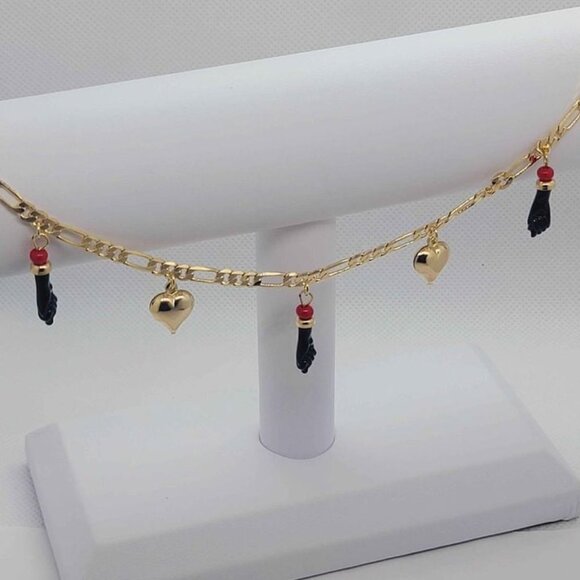 Brand New Brazilian 18k Gold Filled Heart & Azabache Anklet - Picture 4 of 7